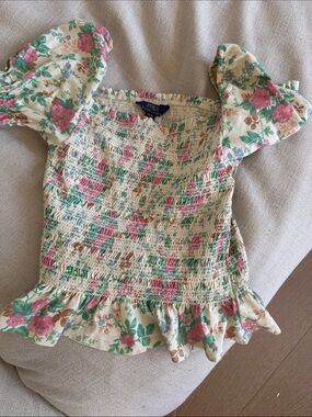 Polo by Ralph Lauren Cream Floral Smocked Kids Top with Pink & Green Accents